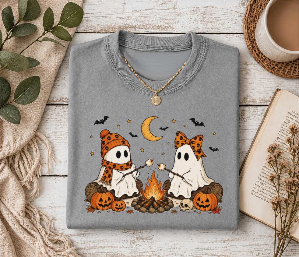 Cozy Ghost Campfire Halloween T-Shirt | Cute Fall Ghost Tee