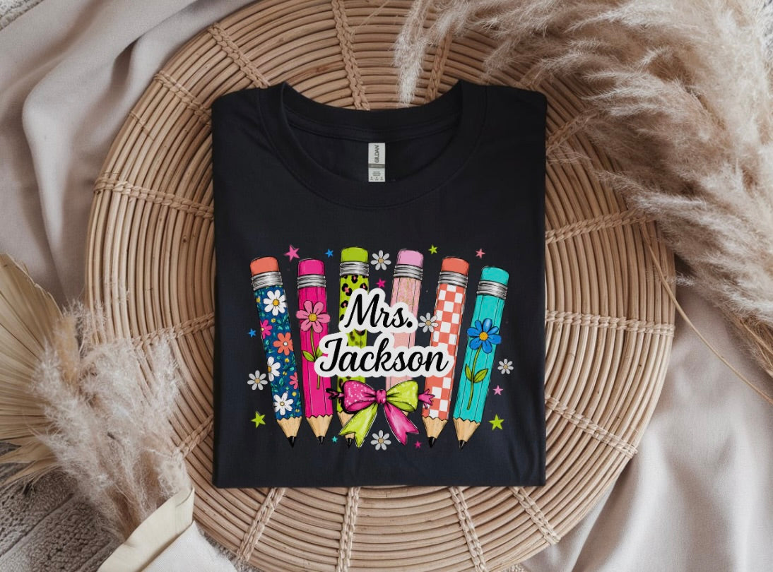 Personalized Teacher Name Pencil Graphic Tee | Custom Teacher Shirt
