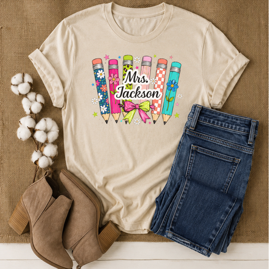 Personalized Teacher Name Pencil Graphic Tee | Custom Teacher Shirt