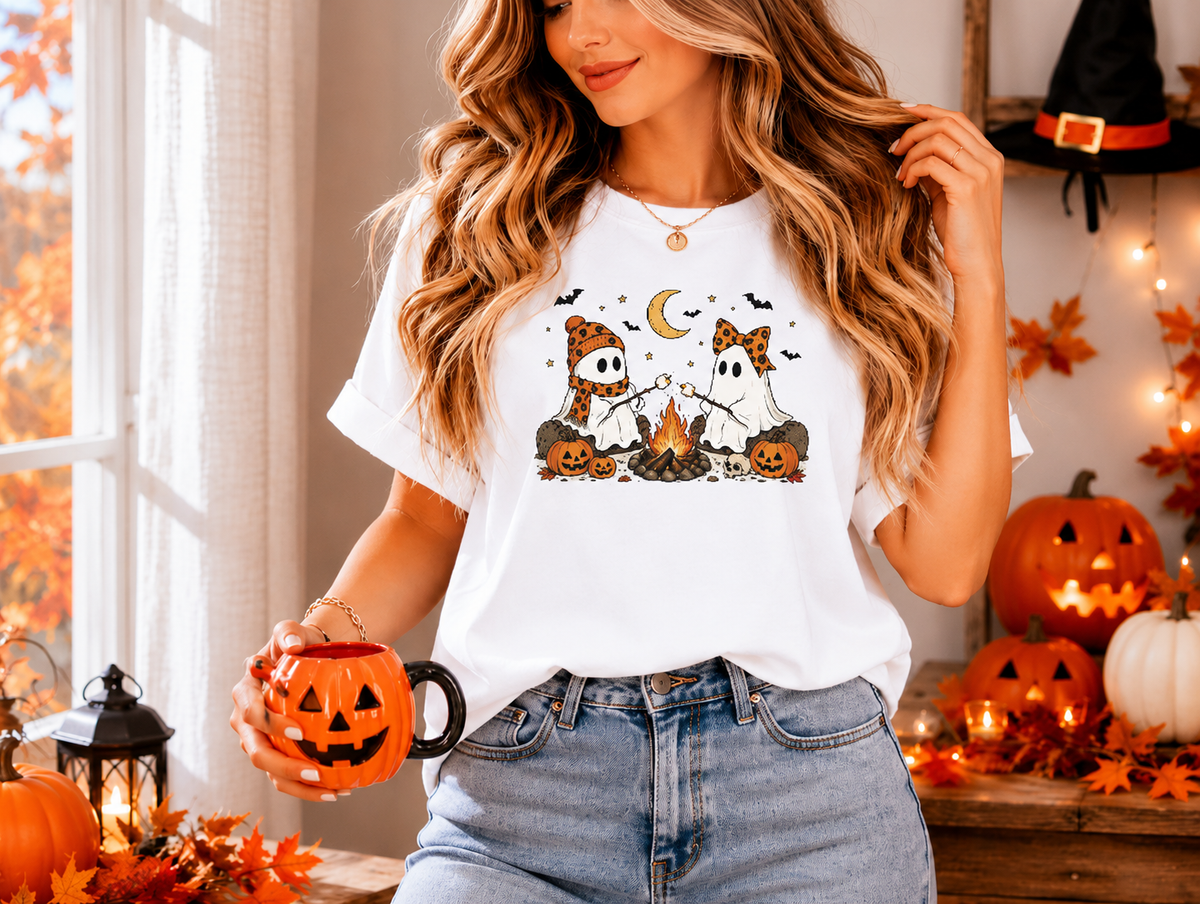 Cozy Ghost Campfire Halloween T-Shirt | Cute Fall Ghost Tee