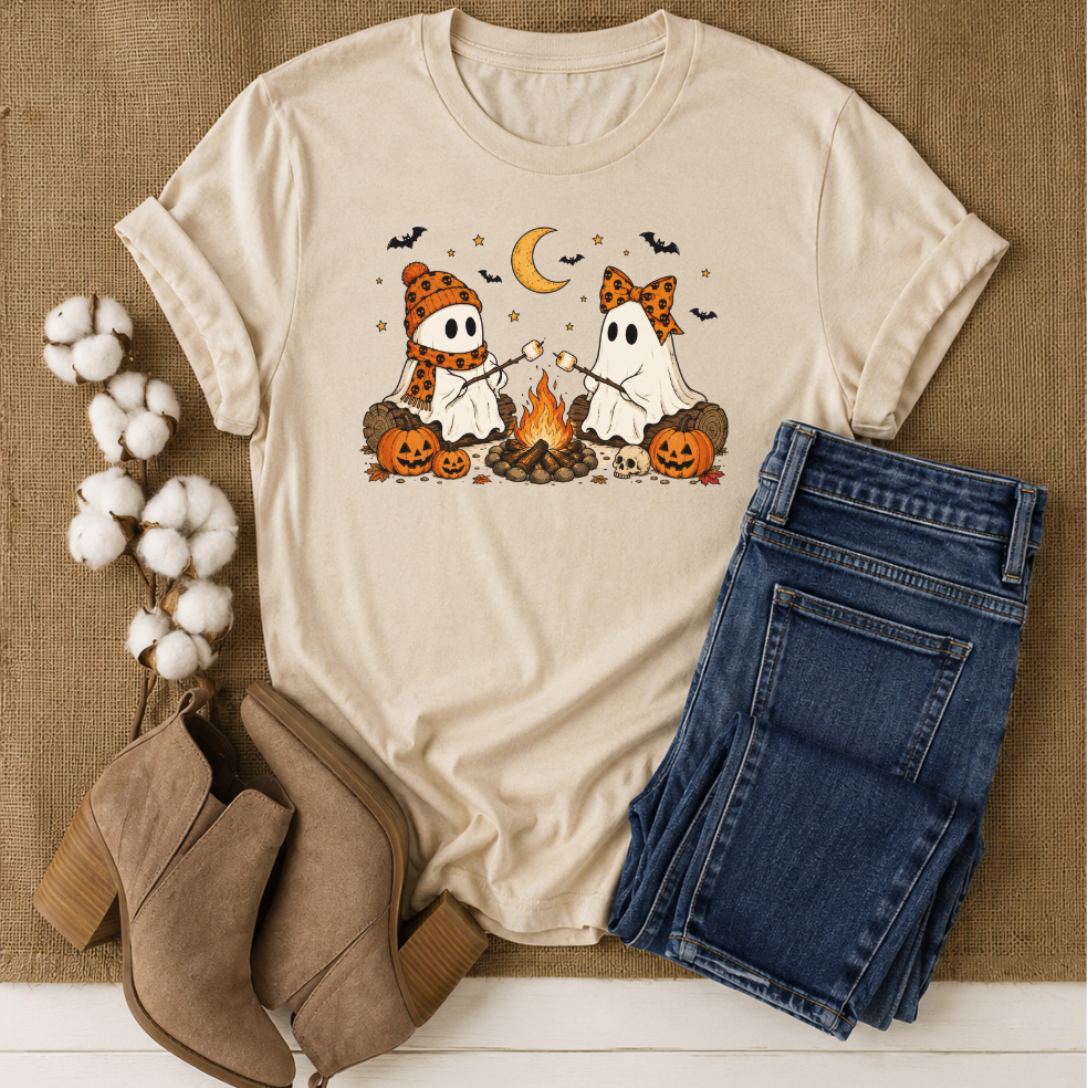 Cozy Ghost Campfire Halloween T-Shirt | Cute Fall Ghost Tee