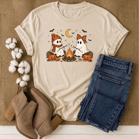 Cozy Ghost Campfire Halloween T-Shirt | Cute Fall Ghost Tee