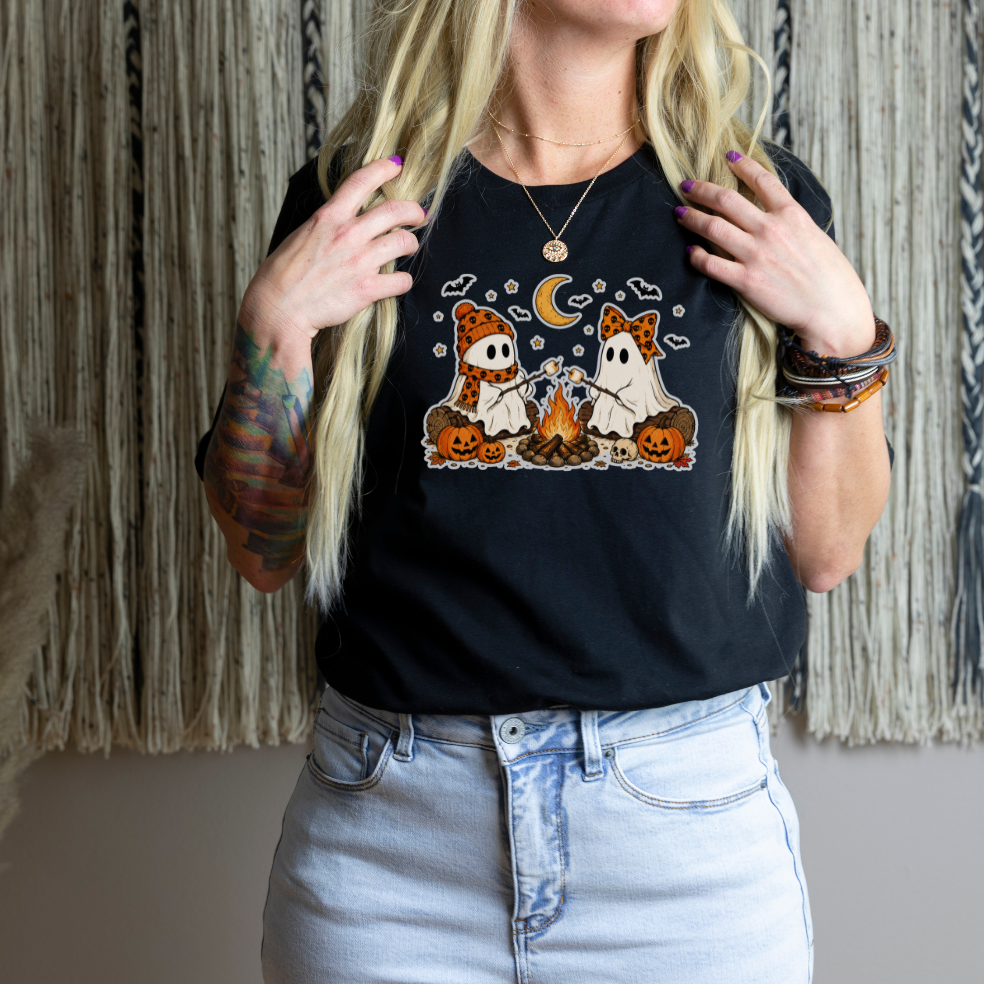 Cozy Ghost Campfire Halloween T-Shirt | Cute Fall Ghost Tee