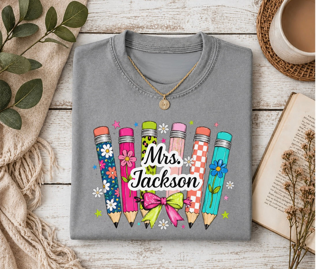 Personalized Teacher Name Pencil Graphic Tee | Custom Teacher Shirt