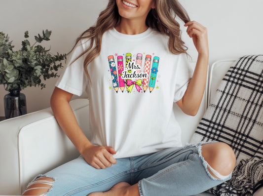 Personalized Teacher Name Pencil Graphic Tee | Custom Teacher Shirt